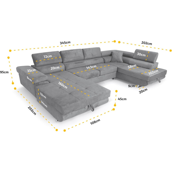 Кутовий диван Aller Moon U XXL зі сплячою функцією та двома відділеннями для зберігання речей. (Темно-синій, лівий) Темно-синій лівий
