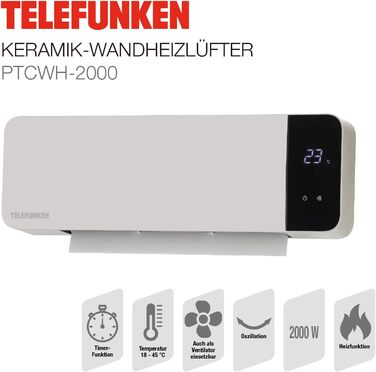 Керамічний настінний вентилятор-обігрівач Telefunken PTCWH-2000W Світлодіодний дисплей з цифровим термостатом та пультом дистанційного керування, функція таймера, коливання, вентилятор, захист від перегріву, 18-45C
