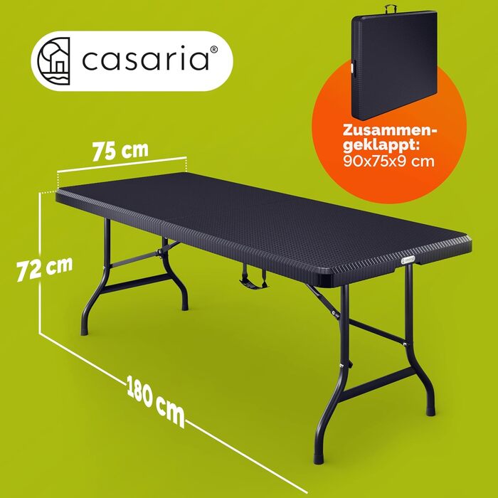 Складаний садовий стіл Casaria, кемпінговий стіл з поліратангу, 180x75 см, водонепроникний, ручка для перенесення, складний стіл, пластиковий стіл, садовий, балконний, кемпінговий, фуршетний стіл, чорний, вигляд чорного ротанга