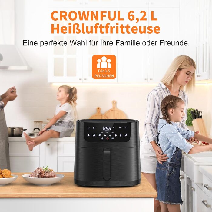 Аерофритюрниця CROWNFUL 6.2 л, електрична безмасляна плита XXL аерофритюрниця 8 в 1, фритюрниці з сенсорним РК-екраном і 8 попередніми налаштуваннями, точне регулювання температури, кошик з антипригарним покриттям середній