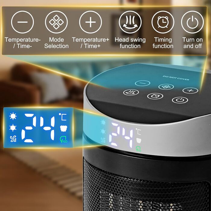 Енергозберігаючий вентилятор-обігрівач HOSSOM, електричний обігрівач потужністю 1500 Вт з керамічним нагрівальним елементом PTC, коливальний електричний обігрівач 90, термостат, 12-годинний таймер, пульт дистанційного керування, захист від перегріву та пе