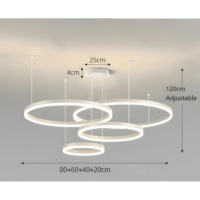 Металева світлодіодна люстра WayLuoung 3 кола 204060см Стельовий підвісний світильник 45 Вт, пульт дистанційного керування з регулюванням яскравості 3000-6000K, підвісний світильник з акриловим абажуром, вітальня, спальня, фойє, їдальня (білий, 480604020