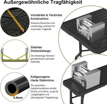 Набір для пивного саду, 3 предмети, 1 пивний стіл 2 пивні лавки, складаний набір для пивного саду з ручками для перенесення, комплект пивних столів 180 см з ротанговим ефектом, водонепроникний, чорний. 1 пивний стіл 2 пивні лавки, чорний.