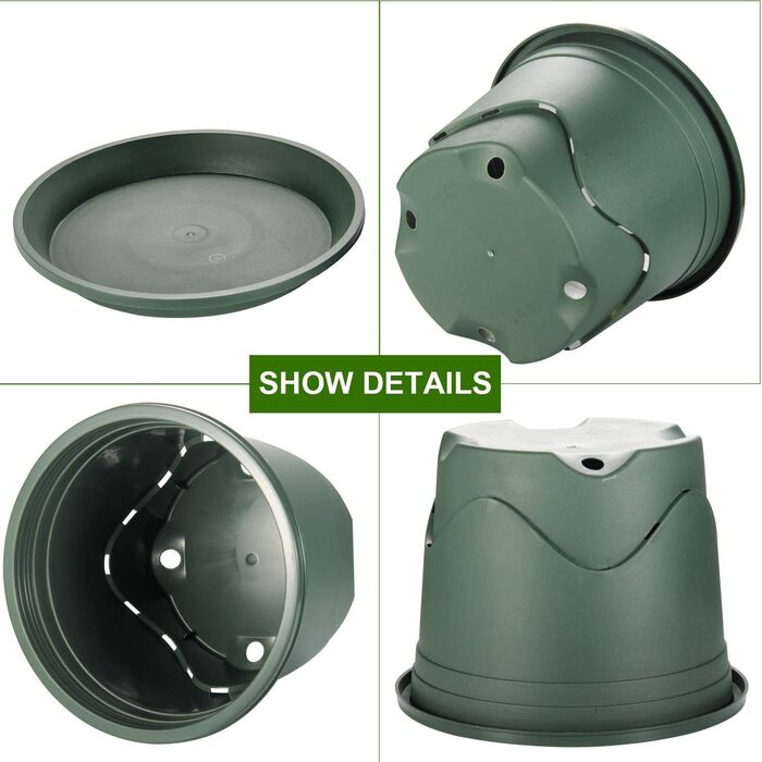 Набір із 6 пластикових горщиків для рослин KAHEIGN, квіткові горщики 22 см з блюдцями, пластикові горщики для розсади, горщики для трав, декоративні для використання в приміщенні та на вулиці (зелені)