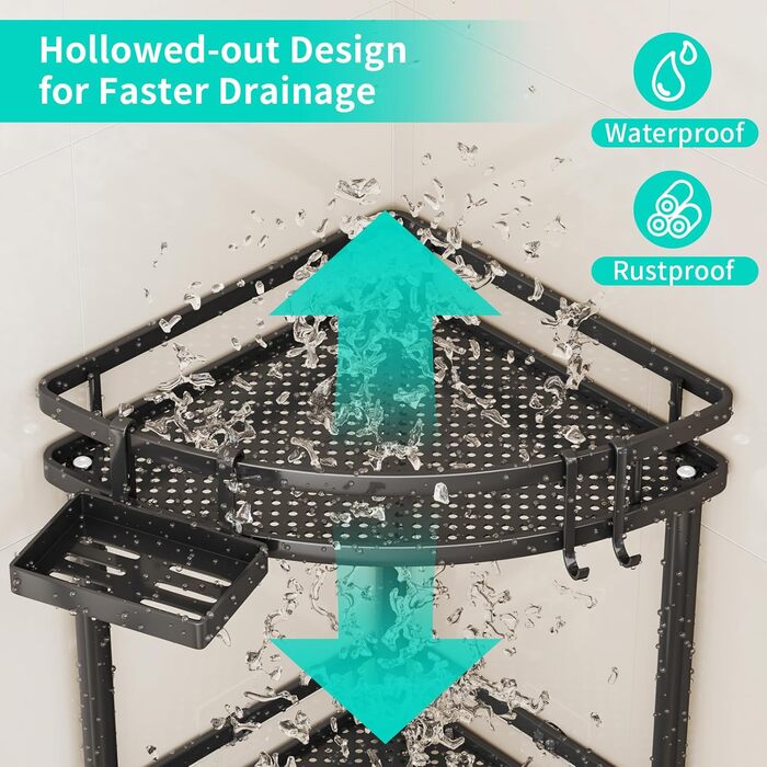 Кутова полиця для душу HapiRm без свердління - 3 предмети, стояча полиця для душу з ящиком для зберігання та 4 гачками, окремостояча полиця для ванної кімнати, кошик для шампуню та гелю для душу - чорний колір