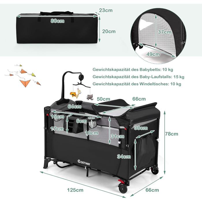 Дитяче ліжечко COSTWAY 5-в-1 120 x 60 см, 2-рівневе дорожнє ліжечко з матрацом, пеленальний килимок, іграшки, музична скринька та сумка для перенесення, складне бічне ліжко, мобільне, 4-рівневе регулювання для дітей вагою до 15 кг (чорне)