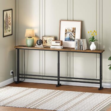 Вузький консольний столик, вузький столик для передпокою, столик для передпокою довжиною 180 см, 1 розетка змінного струму, 1 порт USB-A, 1 порт Type-C, для вітальні, передпокою, вінтажний коричнево-чорний XCT08CBR 180 x 15 x 70-90 см Вінтажний коричневий