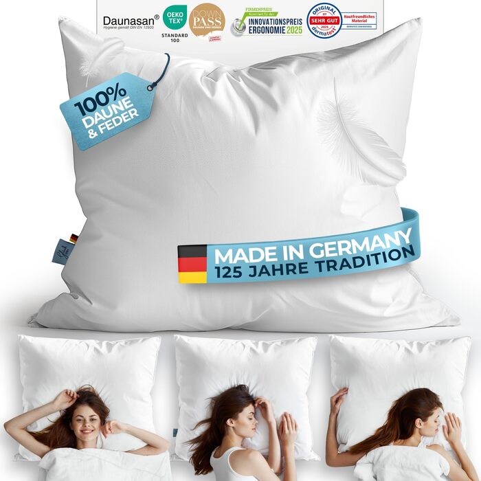 Пухова подушка Glckstoff 80x80 Зроблено в Німеччині - Високоякісна подушка зі 100 пуху та пера - Ергономічна 3-камерна пухова подушка - Подушка для ліжка - Пухова подушка - Подушка з пір&39яним наповнювачем 80x80 см, комплект з 1 предмета