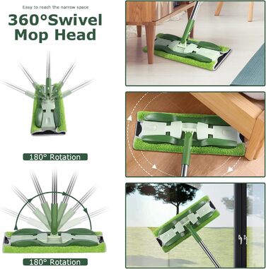 Плоска швабра Masthome, підлогова швабра 360 з 4-ма мікрофібровими насадками, довжина ручки 151 см, регульована, металева основа,