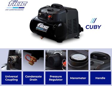 Переносний повітряний компресор FIAC CUBY, безмасляний, максимальний тиск 8 бар, 1,5 к.с., 6-літровий бак, рівень шуму 97 дБ