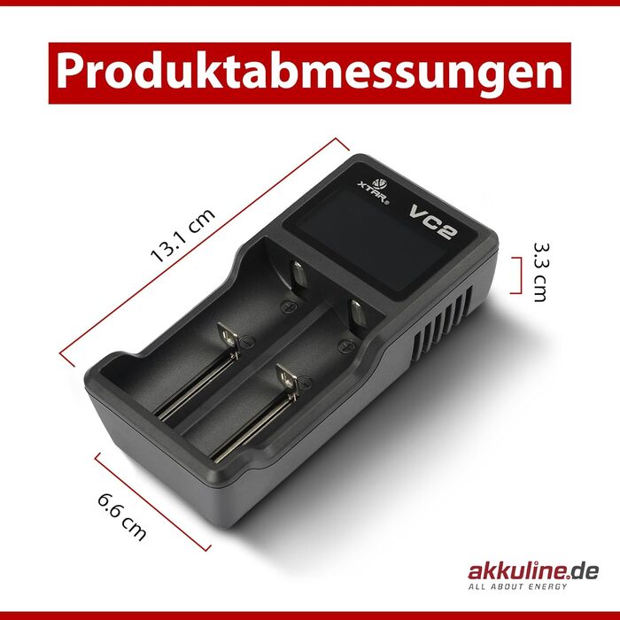 Зарядний пристрій XTAR VC2 з 2 відсіками, включаючи 2 літій-іонні акумулятори (3,45 Аг, живлення від USB - 3,6 В), елементи з піднятим позитивним виводом, незахищені