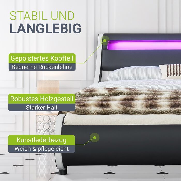 Ліжко Juskys Valencia з м&39якою оббивкою 140x200 см зі світлодіодним освітленням, рейковим каркасом, узголів&39ям та штучною шкірою - ліжко, дитяче ліжко, каркас ліжка, двоспальне ліжко - чорний 140 x 200 см Чорний