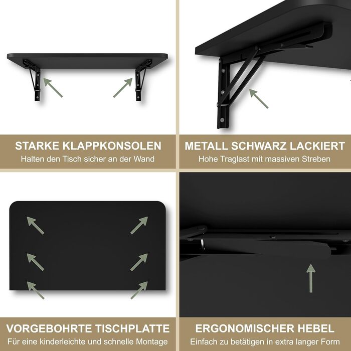 Настінний розкладний стіл KDR 70x40 см, чорний, із закругленими кутами Складаний стіл для настінного монтажу як обідній стіл, письмовий стіл, кухонний стіл або робоча зона компактний та універсальний