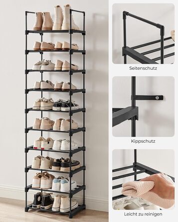 Рівнева взуттєва полиця, висока відкрита шафа для взуття, вузька підставка для взуття, металеве місце для зберігання взуття, компактне, для гардеробної, передпокою, 30 x 45 x 174 см, чорний LSA25BK 10 ярусів (45B см) чорний, 10-