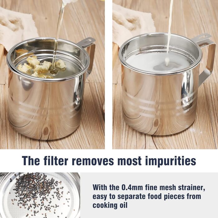 Контейнер для жиру Chihee Економія жиру для бекону з нержавіючої сталі з дрібним сітчастим ситечком 1,2 л Контейнер для олії з пилонепроникною кришкою Протиковзкий піддон для кухні для смаження Приготування їжі Зберігання жиру Масляне ситечко