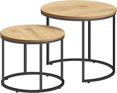 Набір журнальних столиків Home Collective із 2 шт. , круглі приставні столики, дизайн лофт, вбудований дизайн 2-в-1, стійка до подряпин поверхня, вітальня ширина 53 см та 43 см, дуб із чорними ніжками, дуб/чорний, круглий