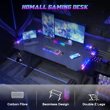 Ігровий стіл Homall зі світлодіодним підсвічуванням, ігровий стіл з RGB-підсвіткою 120 x 60 см, Z-подібна форма, великий комп&39ютерний стіл з гачком для навушників та підставкою для чашок, ігровий стіл для домашнього офісу (чорний)