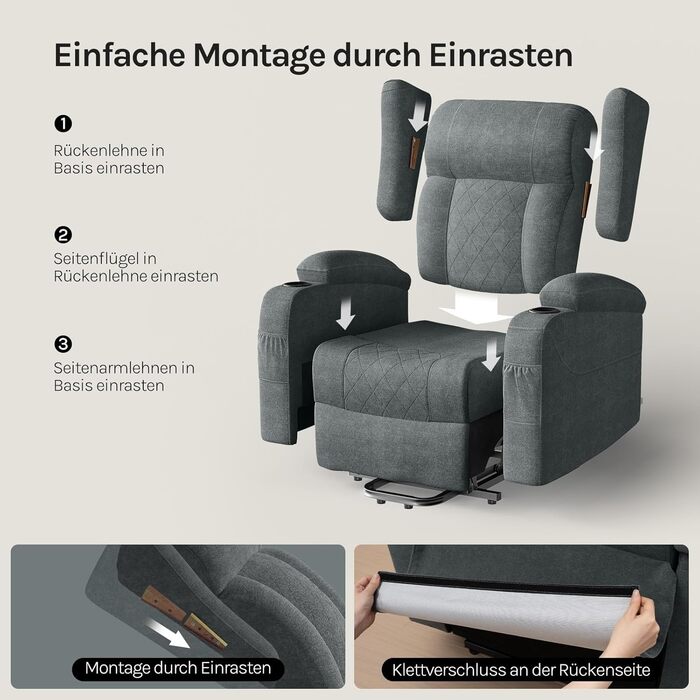 Масажне крісло WOLTU, електрично регульоване, з функцією нахилу спинки, підйомник, масаж з підігрівом, підставка для ніг, бічні кишені, підстаканники, USB-порт, махрова тканина, сірий