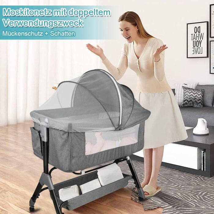 Дитяче ліжечко Kedia, зі сплячим місцем на боці, дитяче ліжко з москітною сіткою, дорожнє ліжечко з колесами, 4 регулювання висоти, дитячі ліжечка-колиска, 104 * 52 * 103-115 см (сіре)