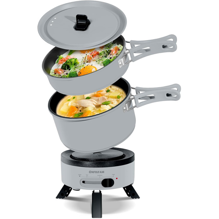 Електричний горщик для гарячої каструлі ENFRIFAM, портативний набір каструль для приготування їжі з горщиками та сковородою зі складною ручкою для автофургону, гуртожитку, офісу, на відкритому повітрі, кемпінгу, каструля для супу 1,8 л 0,75 л сковорода сі