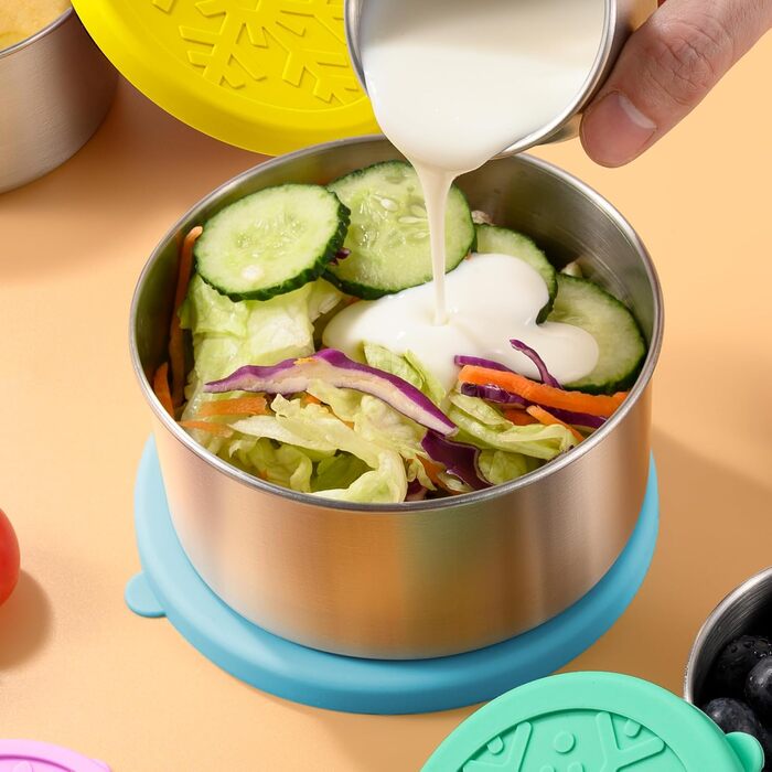 Набір контейнерів для їжі Homotte з нержавіючої сталі 304 з кришками, маленький, герметичні, для школи та офісу, штабельовані (57 мл, 113 мл, 227 мл, 400 мл, 680 мл) - 5 шт. (Синій, Жовтий, Зелений, Помаранчевий, Фіолетовий)