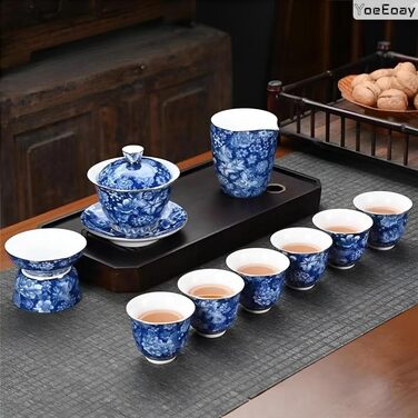 Преміальний синьо-білий порцеляновий чайний набір, 11-предметний вінтажний китайський керамічний чайний сервіз, портативний дорожній чайний набір кунг-фу, подарункова упаковка у валізу - ідеально підходить для любителів чаю