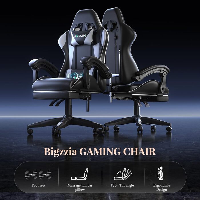 Ігрове крісло bigzzia з функцією масажу та висувною підставкою для ніг, ергономічне поворотне крісло, регульована спинка 90-135, м&39яке ігрове крісло з масажною поперековою подушкою та підголівником, біле