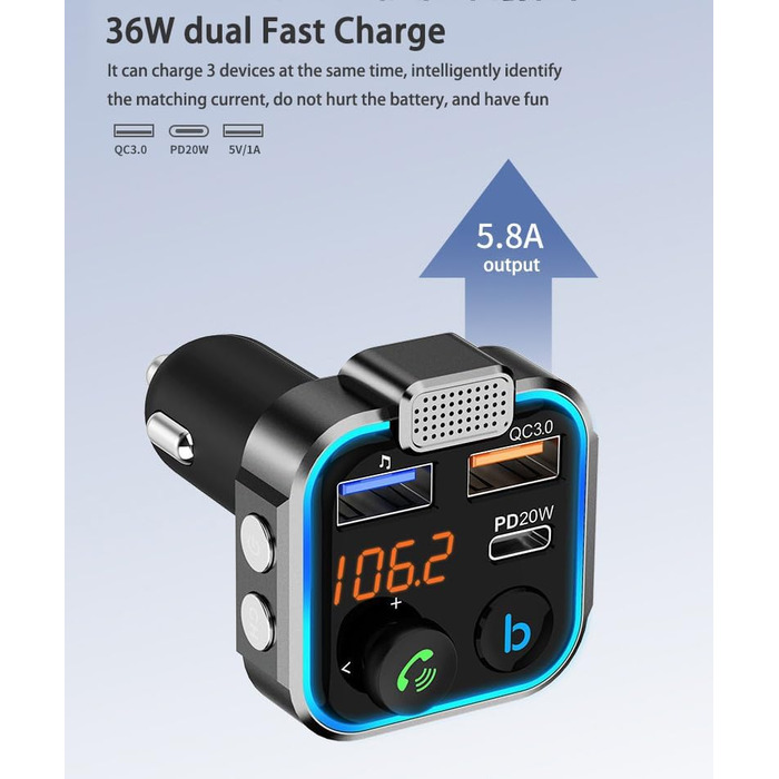 Автомобільний FM-передавач, бездротовий адаптер Bluetooth 5.0 FM-радіо з 2 портами USB (QC3.0 Type-C PD 20 Вт), автомобільний комплект з функцією гучного зв'язку, підтримка басового музичного плеєра, USB-накопичувач