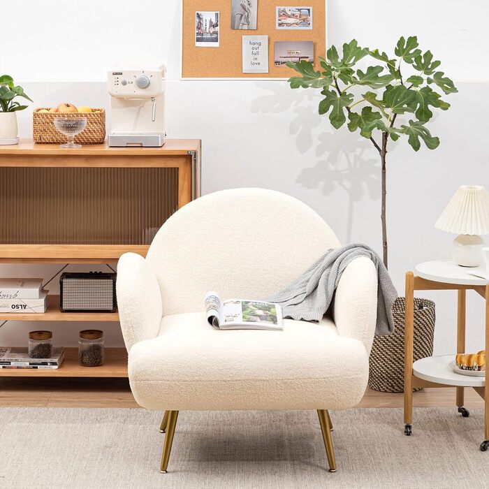 Сучасне крісло для відпочинку, одномісний диван, диван для відпочинку, затишна плюшева тканина, золотисті металеві ніжки, підходить для вітальні, спальні, білий, біло-золоті підлокітники
