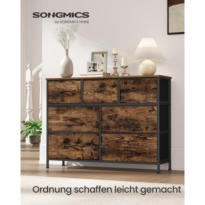 Комод SONGMICS, шафа, 7 тканинних шухляд, шафа для зберігання, сталь, МДФ, неткане полотно, для спальні, коридору, вітальні, вінтажний коричневий-чорний LGS323BH04 Вінтажний коричневий чорнильний 7 шухляд