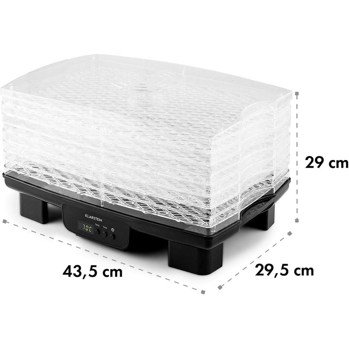 Дегідратор, дегідратор, сушарка для фруктів, м'яса та фруктів, 6 рівнів, штабельована, 550 Вт, регульована температура, робота з конвекцією, РК-дисплей, без бісфенолу А, чорний