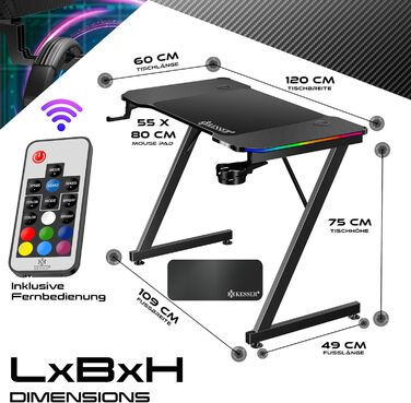 Ігровий стіл KESSER зі світлодіодним освітленням, 120 см x 60 см Z-подібний ігровий стіл Кріплення для навушників та покриття з вуглецевого волокна Ергономічний комп&39ютерний стіл Міцний стіл з підсклянником, чорний, 120 x 60 см, вуглецеве волокно зі сві