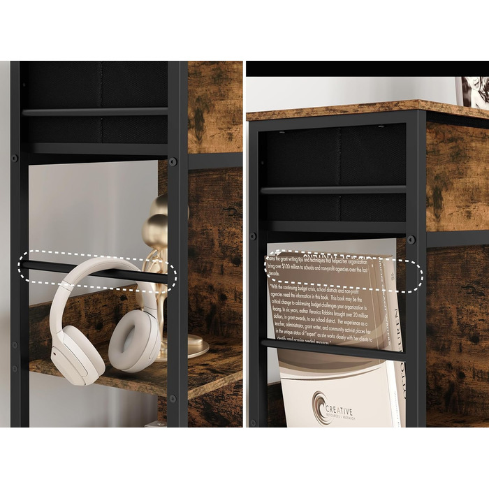 Полиця, книжкова шафа з 2 шухлядами, 6 відкритих відділень, окремостояча полиця з металевим каркасом, полиця для зберігання, для вітальні, кабінету, спальні, рустикальний коричневий, чорний вінтажний коричневий