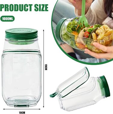 Салатник для виносу, коробка для салату, ланч-бокс для збереження свіжості з контейнером для заправки, герметична коробка для салату, розділення вологого/сухого, вертикальні шари, контейнер для приготування їжі з позначками ваги