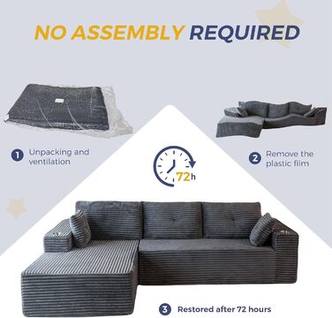 Модульний диван та шезлонг MAXYOYO, диван Cloud без кісток, кутовий диван на 3-4 місця з регульованим положенням ліворуч/праворуч, вельветова оббивка, великий L-подібний розкладний диван для вітальні, складання не потрібне, сірий шезлонг ліворуч