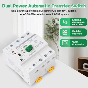 Автоматичний перемикач, 4P 63A 400V ATS перемикач, аварійний автоматичний перемикач живлення, подвійний автоматичний перемикач живлення на DIN-рейку