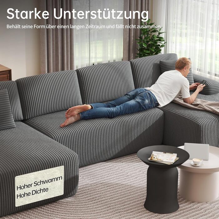 Секційні дивани DURASPACE Cloud для вітальні, модульний U-подібний диван з глибоким сидінням, диван-ліжко з вельвету з піною з ефектом пам&39яті, не потребує складання (сірий) Темно-сірий