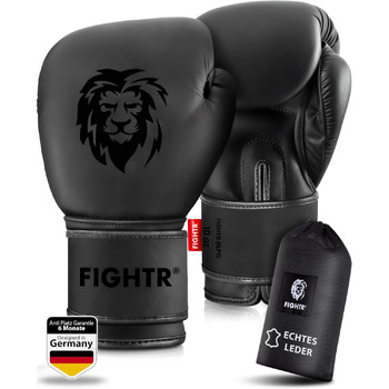Боксерські рукавички FIGHTR Pro з натуральної шкіри Чоловічі та жіночі для боксу, MMA, муай-тай, кікбоксингу та бойових мистецтв 10, 12, 14, 16 унцій У комплекті сумка для перенесення 14 унцій, повністю чорного кольору