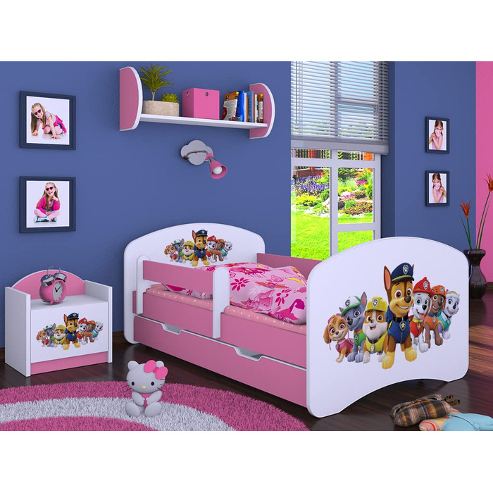 Дитяче ліжко BDW Super Dogs - Дитяче ліжко з матрацом та шухлядою - Зручне та міцне ліжко із захистом від падіння - Дитяча кімната - Рожевий (Дизайн 3) - 160x80 см