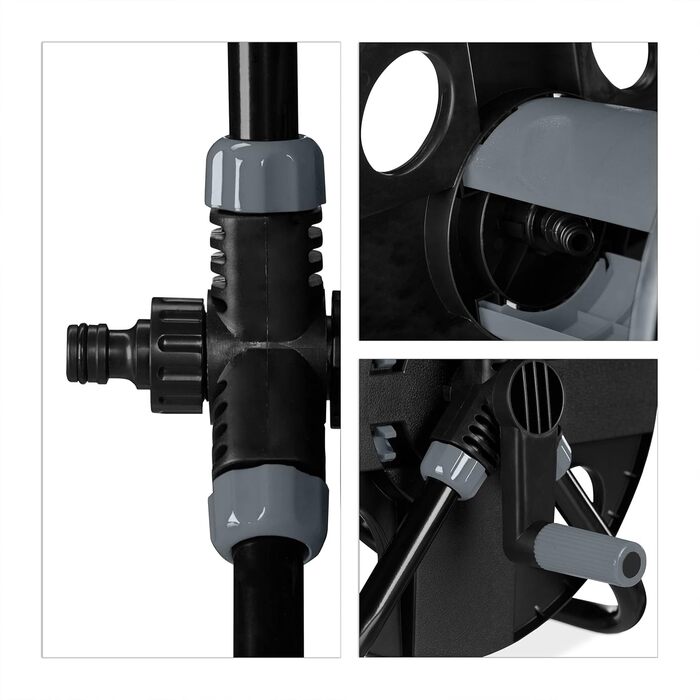 Котушка для шланга Relaxdays, 30 м, 1/2, сталь, пластик, тримач шланга, 38 x 42 x 31 см, чорний/сірий