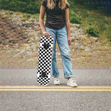 Скейтборд ERNAN 38 дюймів - стандартний скейтборд для дітей, підлітків та дорослих, 7-шарова кленова дека, увігнута форма, чорно-білий клітинка дизайн