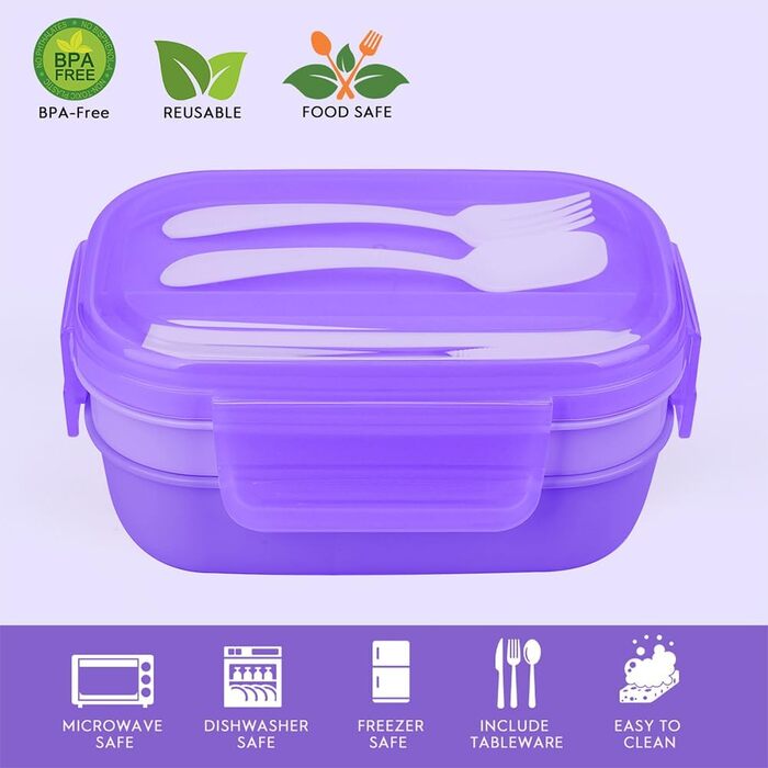 Великий обідній бокс-бенто для дорослих, 1901 мл, герметичний контейнер для ланчу з набором столових приборів для роботи, пікніка та їжі. Колір фіолетовий