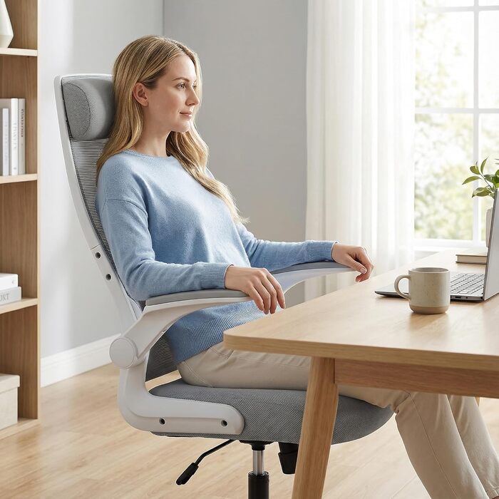 Ергономічне офісне крісло з регульованим підголівником, сітчасте робоче крісло, складні підлокітники, широке сидіння, функція гойдання, відповідає стандарту EN 1335, вантажопідйомність 200 кг, сірий колір