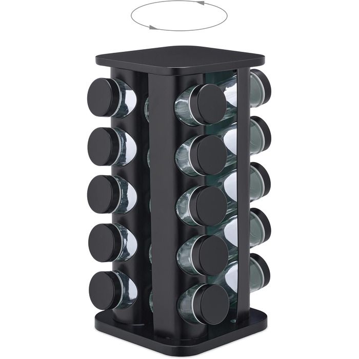 Карусель для спецій Relaxdays з 20 баночками для спецій, включаючи вставку-шейкер, обертова, багаторазова підставка для спецій для кухні, чорна