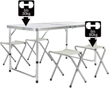 Складаний стіл CASARIA, водонепроникний, регульована висота, кемпінговий стіл зі стільцями, садовий стіл, розкладний стіл, 120x60 см, складний, легко транспортується, 4 особи, білий