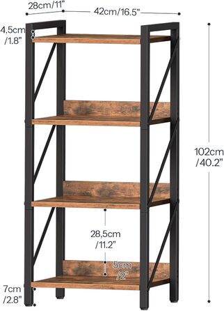 Книжкова полиця HOOBRO, стояча полиця, полиця-драбина, окремостояча вузька полиця, офісна полиця з 4 ярусами, відкриті полиці, для вітальні, спальні, офісу, кухні, рустикальний коричневий та чорний EBF40SJ01 42 x 28 x 102 см рустикальний коричневий чорний
