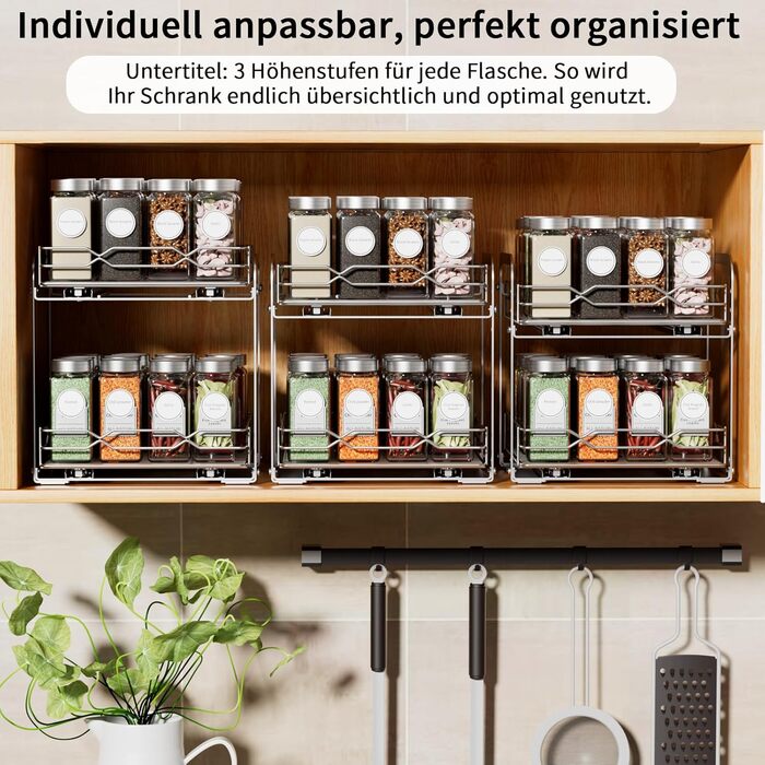 Розсувна підставка для спецій, органайзер для спецій з нержавіючої сталі, 2-рівневий кухонний органайзер з регульованою висотою, система підставок для спецій для кухонних шаф, стояча підставка для спецій для внутрішньої частини шаф, 26,4 см x 23,4 см x 23