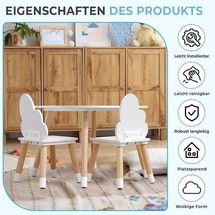 Дитячий комплект столу та стільців Rebecca Mobili, стільці та столик для дитячої кімнати, світло-коричневий та білий, МДФ, скандинавський стиль - Розмір 44 x 60 x 60 см / 50 x 25 x 25 см - Арт. RE6733