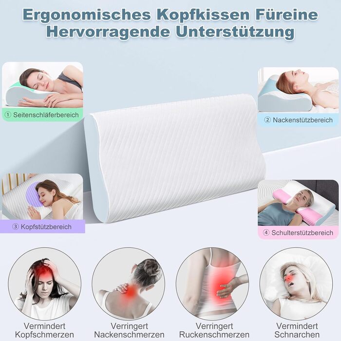 Подушка для шиї - ергономічна подушка з піни з ефектом пам&39яті для полегшення болю в шиї, подушка для підтримки шиї зі знімною наволочкою, для сну на боці, спині та животі, 63*34*12/9 см, біла