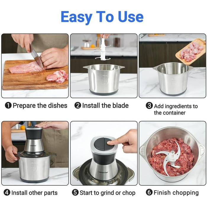 Подрібнювач AMZCHEF, подрібнювач кухонний електричний з чашею з нержавіючої сталі 3 л.Електричний мультиподрібнювач потужністю 500 Вт з 2 налаштуваннями швидкості. М'ясорубка для м'яса, цибулі, дитячого харчування, фруктів та овочів 3 л сіра